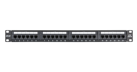 Коммутационная панель NETLAN 19", 1U, 24 порта, Кат.5e (Класс D), 100МГц, RJ45/8P8C, 110/KRONE, T568A/B, неэкранированная, черная