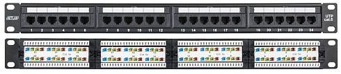 Коммутационная панель NETLAN 19", 1U, 24 порта, Кат.6 (Класс E), 250МГц, RJ45/8P8C, 110/KRONE, T568A/B, неэкранированная, черная