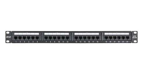 Коммутационная панель NETLAN 19", 1U, 24 порта, Кат.5e (Класс D), 100МГц, RJ45/8P8C, 110/KRONE, T568A/B, неэкранированная, черная
