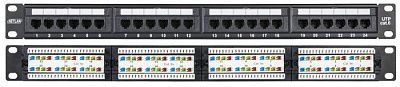 Коммутационная панель NETLAN 19", 1U, 24 порта, Кат.6 (Класс E), 250МГц, RJ45/8P8C, 110/KRONE, T568A/B, неэкранированная, черная
