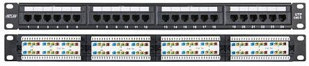 Коммутационная панель NETLAN 19", 1U, 24 порта, Кат.6 (Класс E), 250МГц, RJ45/8P8C, 110/KRONE, T568A/B, неэкранированная, черная
